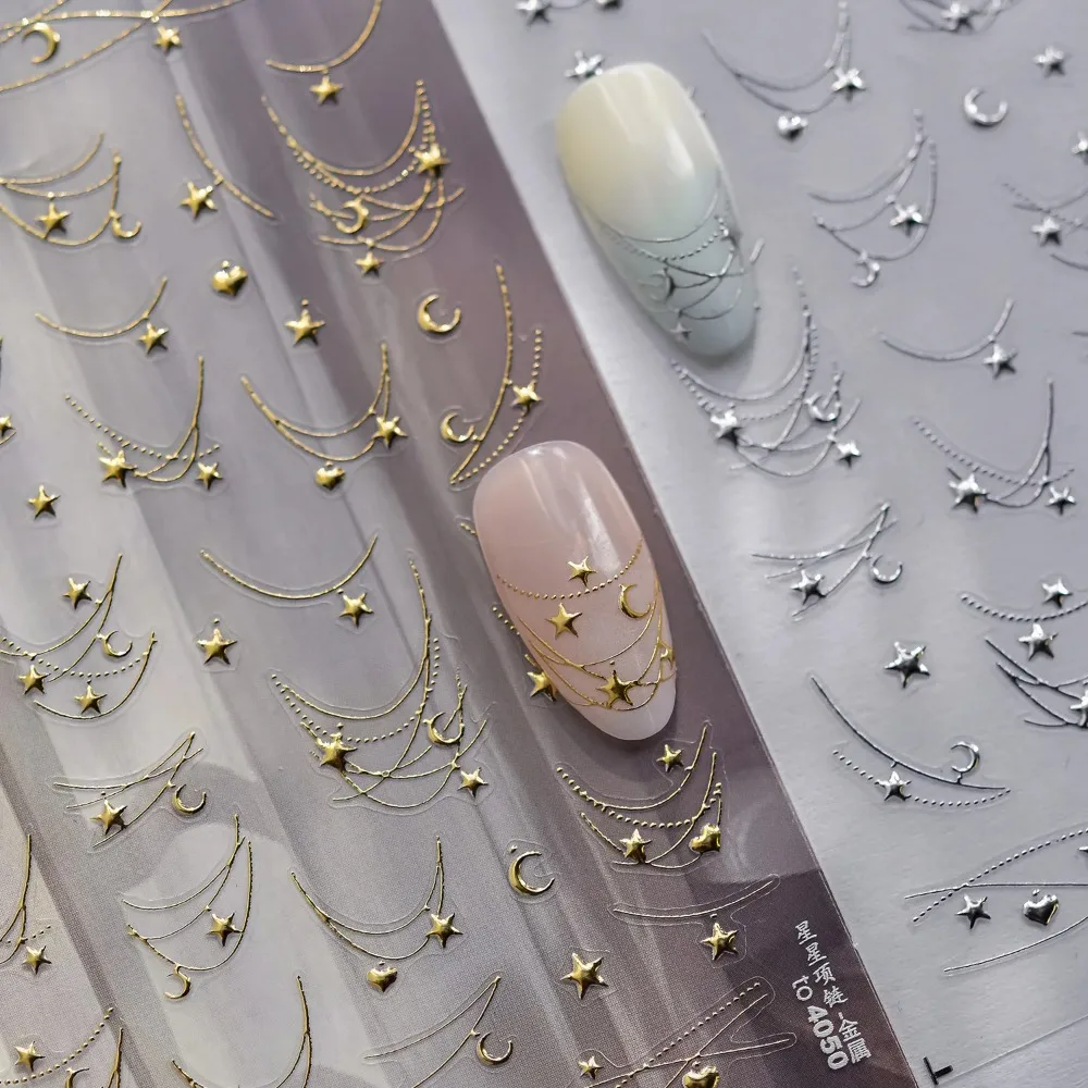 1 Peça Adesivo para Unhas 5D com Efeito Estrela e Lua Francesa, Linhas Curvas Douradas/Prateadas, Slider de Unhas Efeito Estrela, Decalque Autoadesivo para Manicure