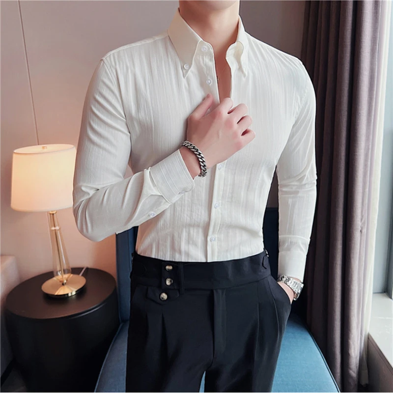 High Quality Striped Shirt for Men Large Lapel Casual Business Dress Shirt Fashion Long Sleeve Slim Social Party Tuxedo Blouse