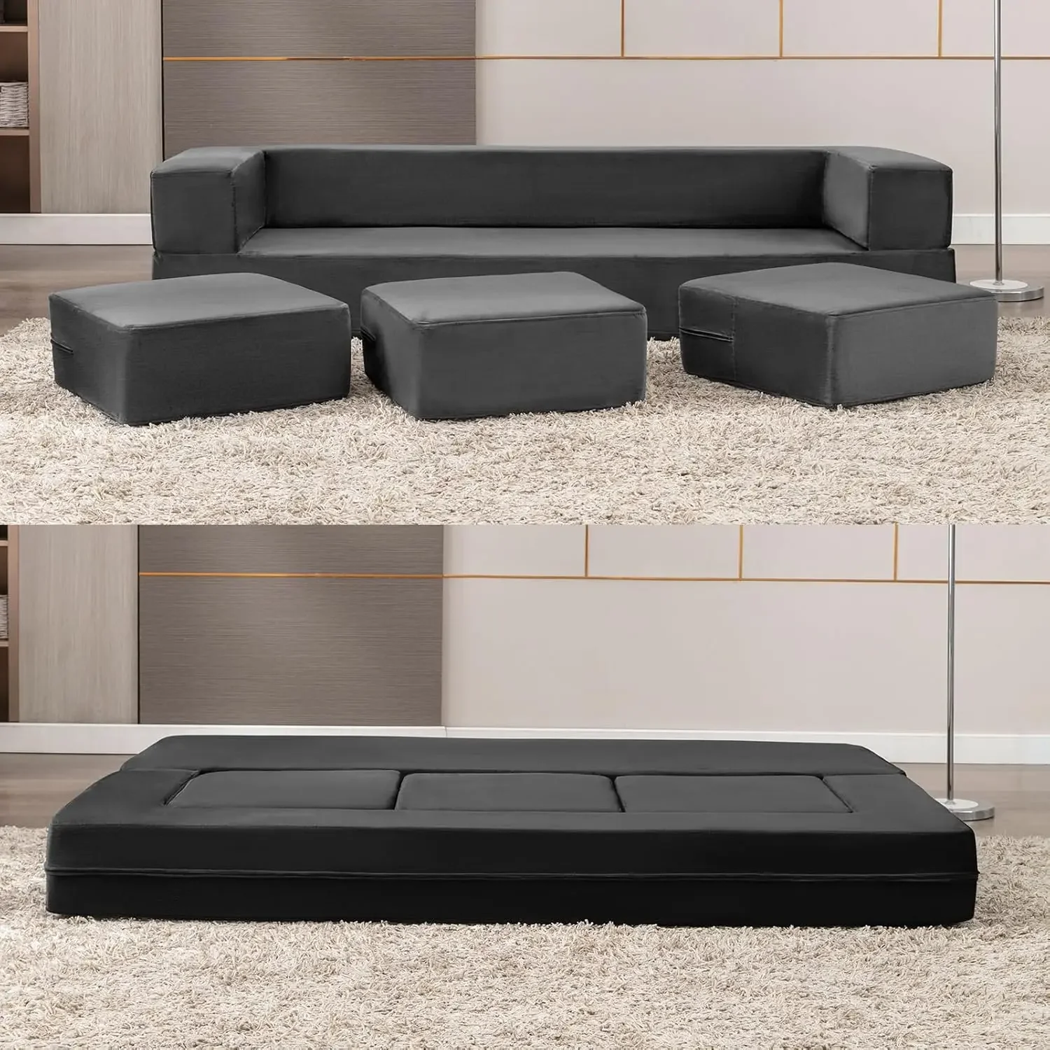 10 Inch Folding Sofa Bed, Velvet Convertible Floor Sleeper Sofa with 3 Ottomans, Upholstered 2-in-1 Fold Out Couch Bed