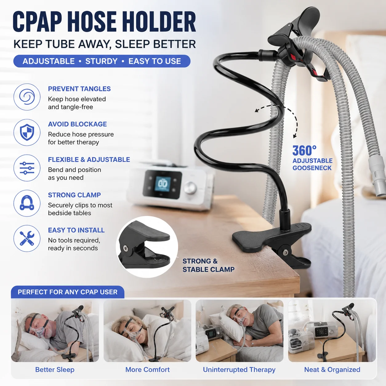 Adjustable CPAP Hose Holder Bedside Tube Hanger Universal Mask Tubing Organizer Anti Slip Tangle Free Respiratory Accessories