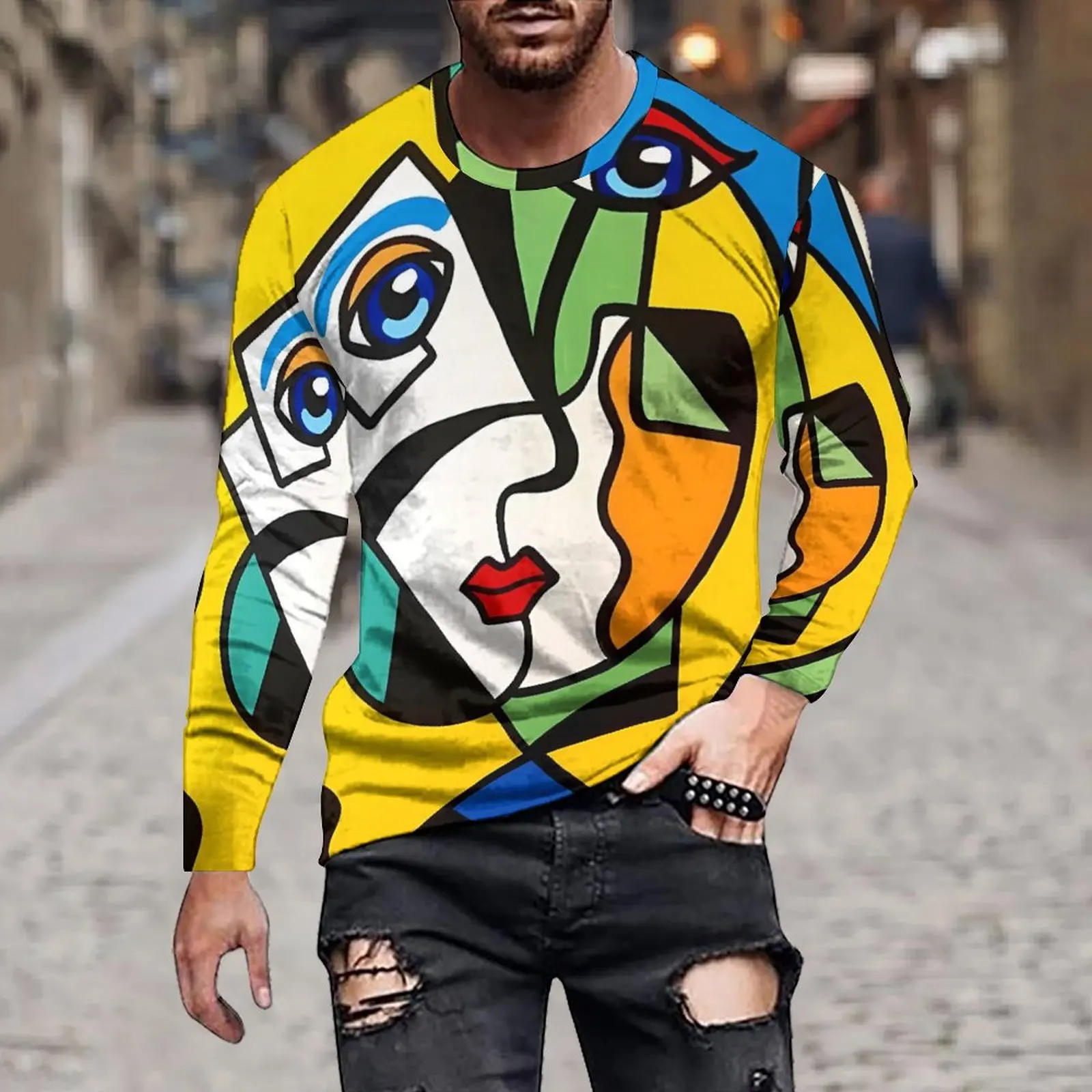 Autumn Fashion Loose Casual Permeable Men\'s/Women\'s Dopamine Irregular Abstract Cartoon Print Long Sleeve Crewneck T-Shirt