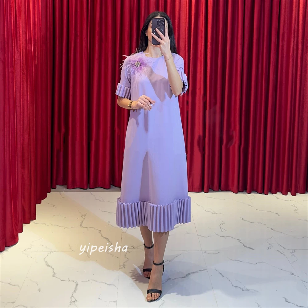 Jiayigong  Satin Feather Draped Ruched Valentine's Day A-line O-Neck Bespoke Occasion Gown Midi Dresses