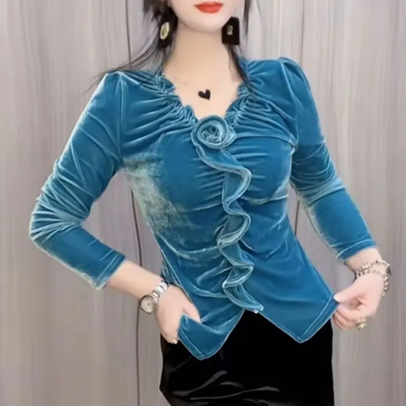 

Vintage Slim Velvet Shirt Solid Color Women's Clothing Stylish Three-dimensional Decoration Floral Autumn Winter Shirring Blouse