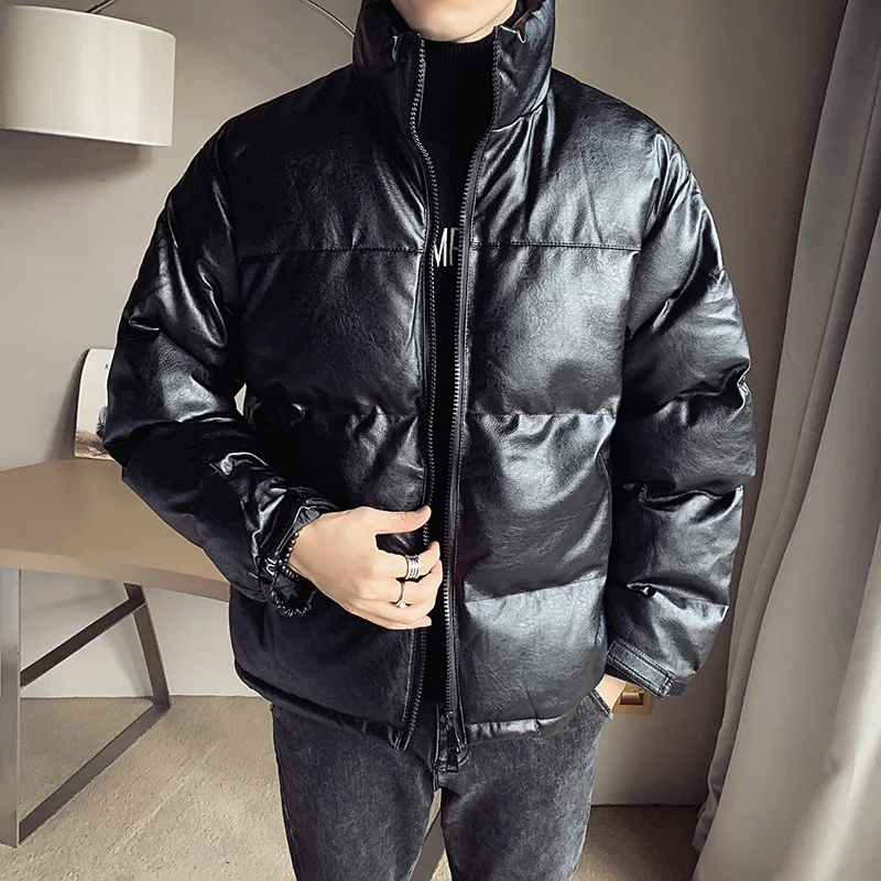 2024 Men's Winter Fashion PU Leather Parka Jackets Male Stand Collar Cotton Padded Coats Men Solid Color Thicken Outerwear M111