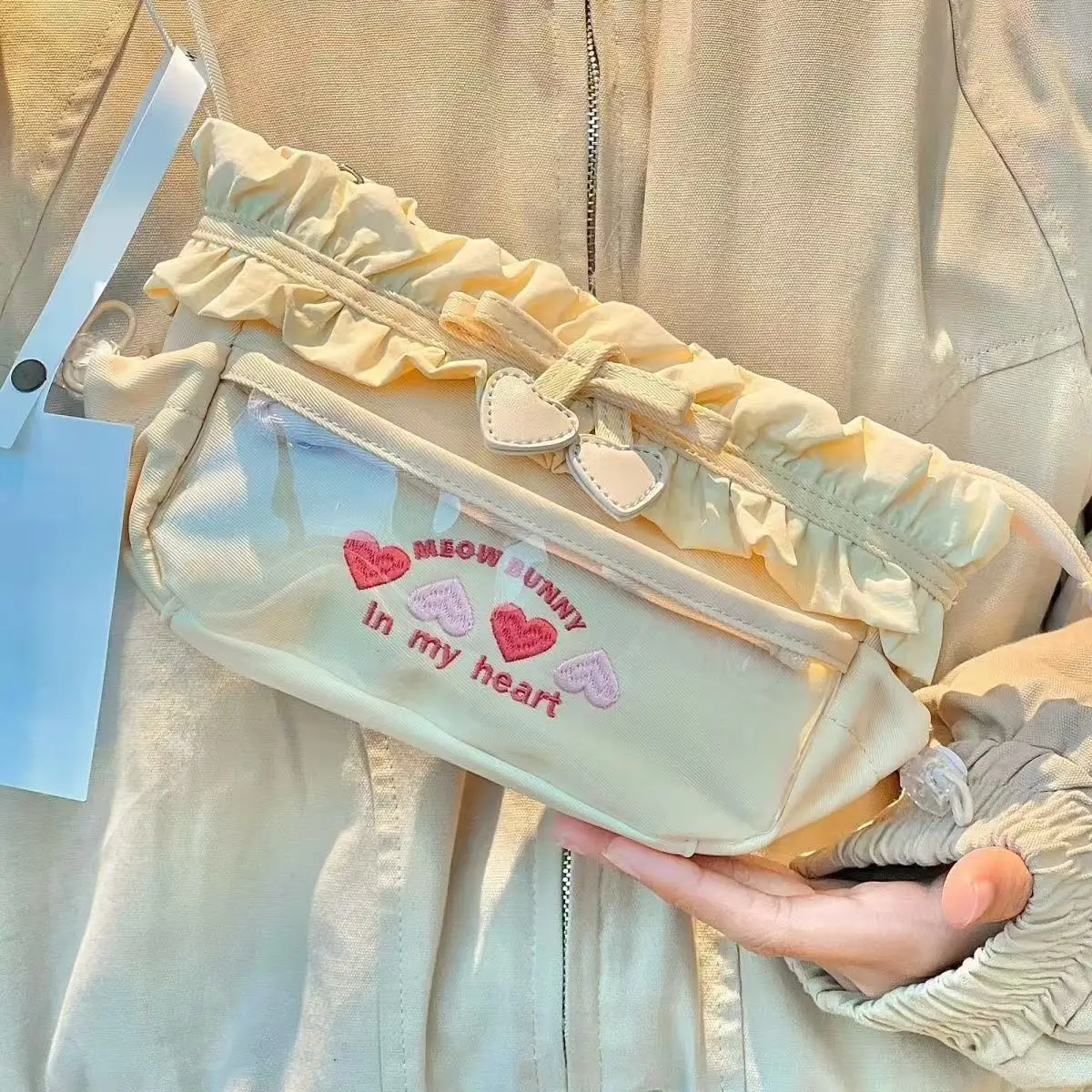 

Japanese Kawaii Lace Canvas Pencil Case Cute Heart Large Capacity Back To School Student Stationery Study Supplies Storage Bag