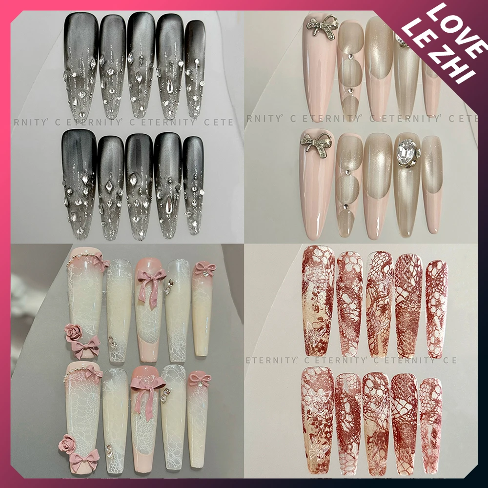 

10Pcs Sweet Cool Long Stiletto Coffin Handmade Press On Nails Bowknot Flower Lace Diamond Leopard Print French False Nails