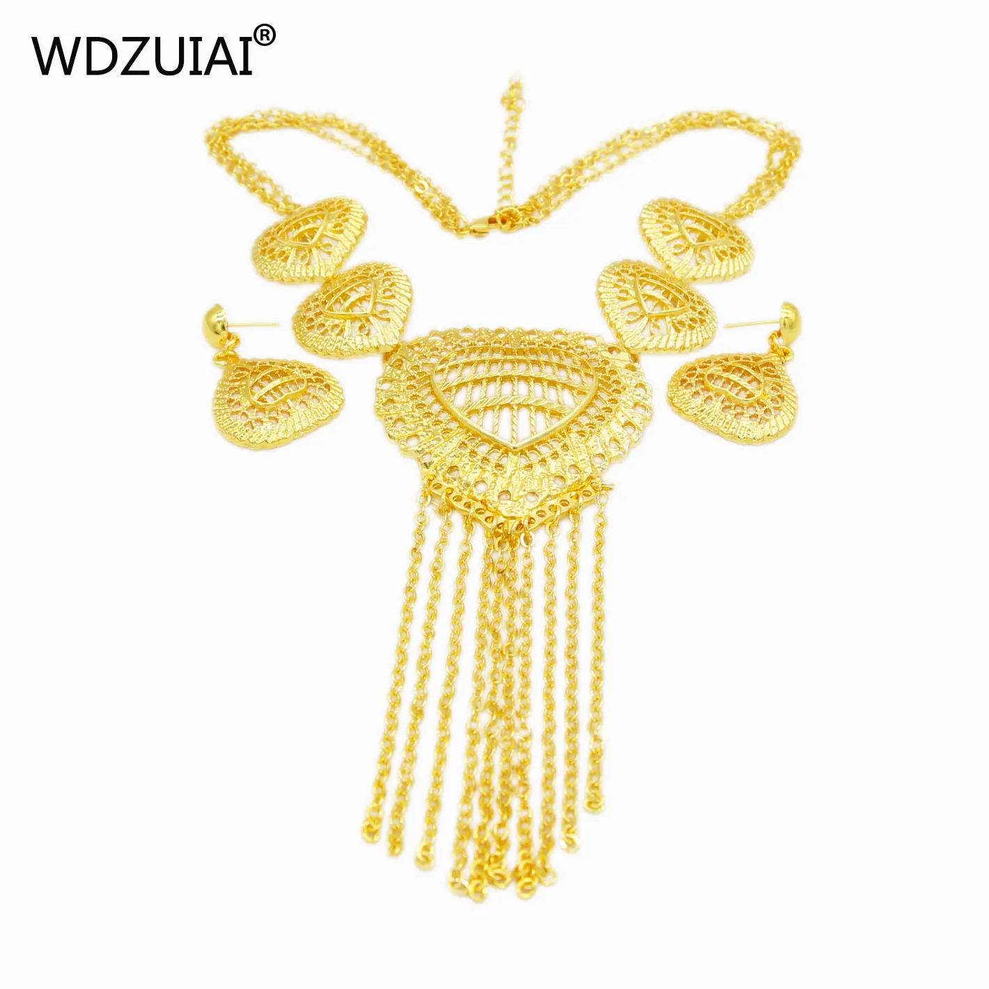 WDZUIAI Heart Shape Dubai Gold Color Necklace/Earrings Set African French Women Bridal Wedding Jewelry Girl Party Trendy Jewelry