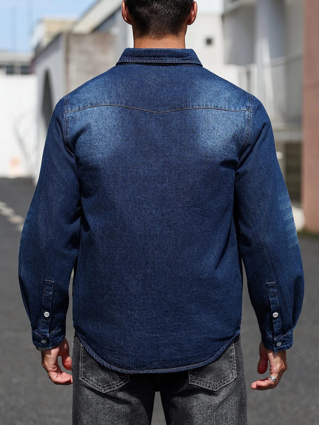 Men's dark blue distressed western-style denim shirt jacket, casual button-front layering streetwear top view 5