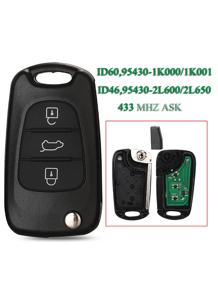 Jingyuqin 433mhz ASK ID46/ID60 puce 95430-1K000/2L600 clé de voiture à distance 3 boutons pour Hyundai ix20 ix30 Azera Flip Fob contrôle