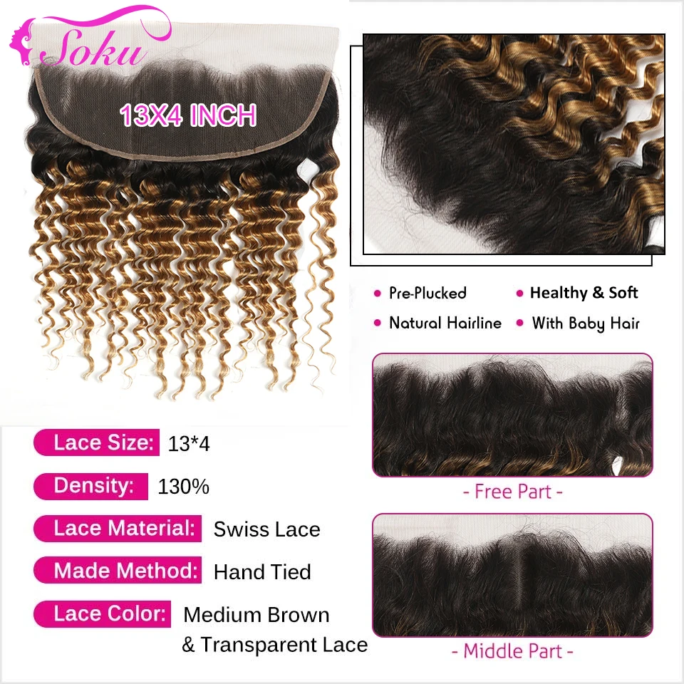 Tissage en lot Deep Wave brésilien Remy avec Lace Closure – SOKU, cheveux naturels, blond ombré, 13x4, avec Frontal