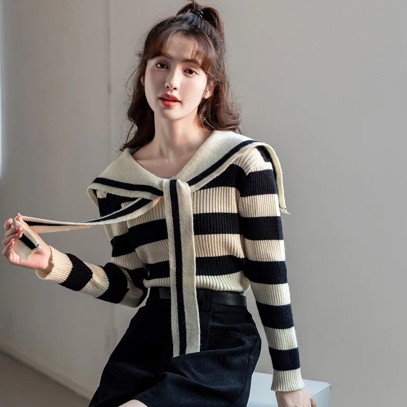 Women Striped Knitted Cardigan Office Lady Korean Fashion Long Sleeve Sailor Collar Basic Sweater Jumper Y2k Preppy Style Autumn