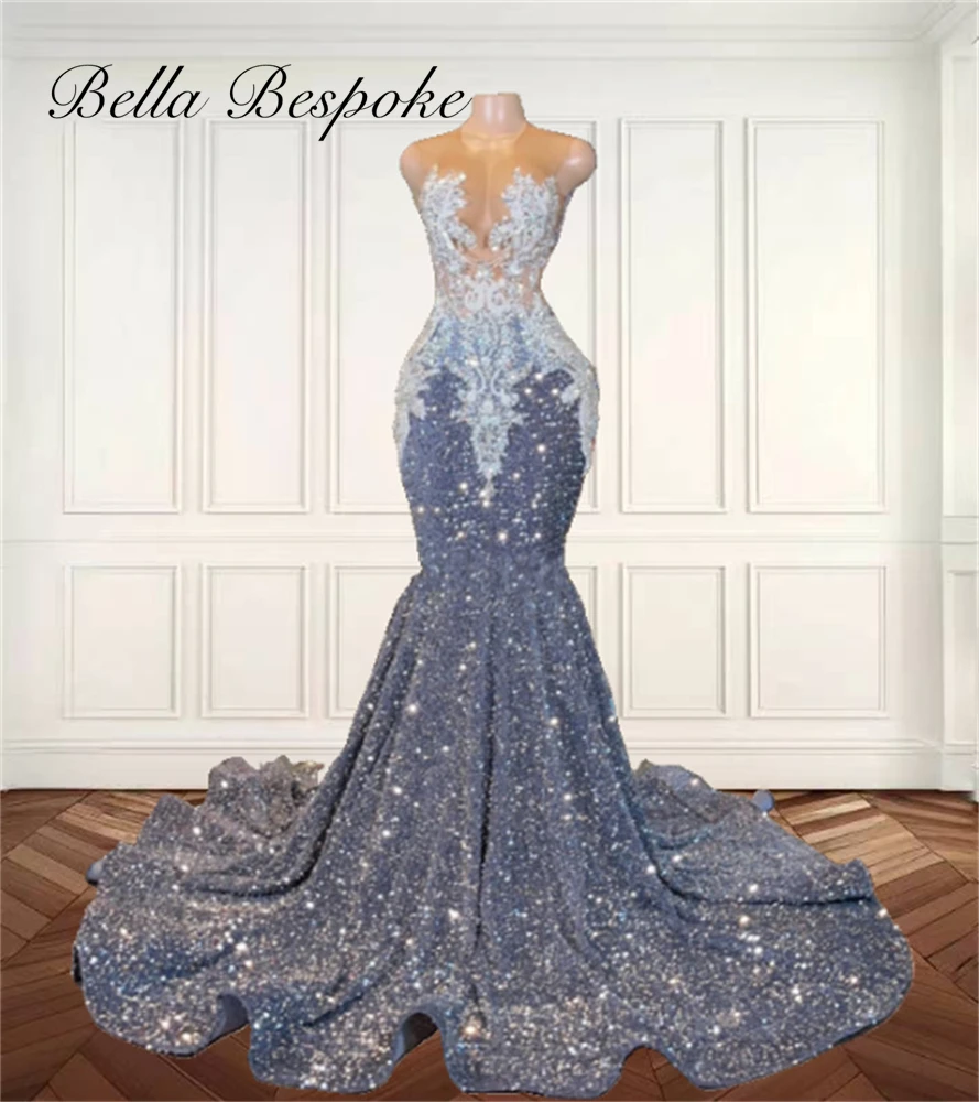 

Sparkly Silver Sequin Prom Dresses Long Black Girl Bead Appliques Evening Gowns O Neck Mermaid Special Occasion Dress Customized