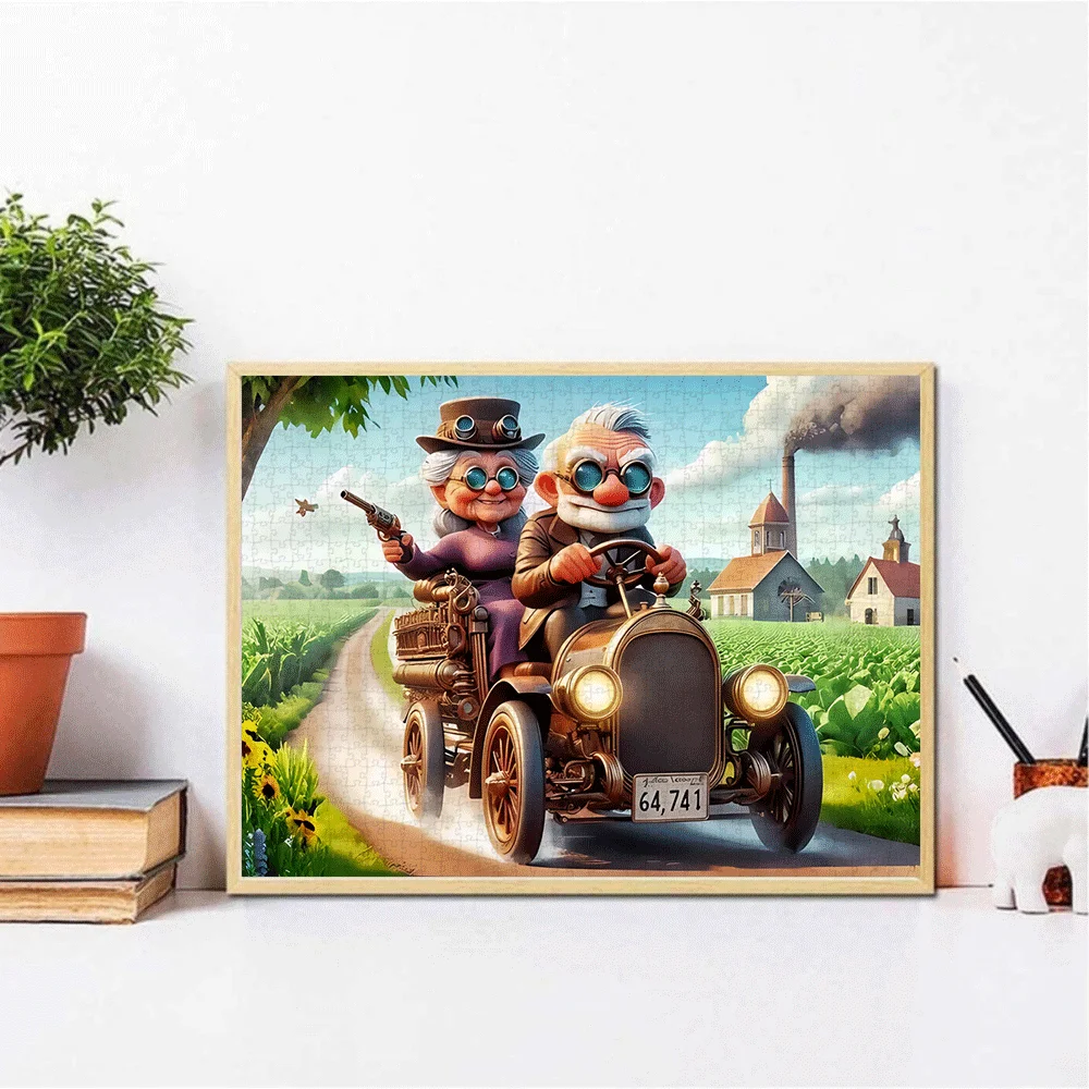Puzzle vintage da 1000 pezzi: affascinante coppia di anziani in auto convertibile retrò, puzzle di grandi dimensioni per adulti e famiglie