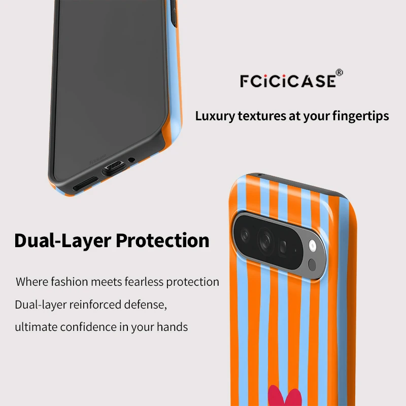 Funda Fcicicase con rayas y corazón para Google Pixel 10 Pro XL 10A 9 8 7A 5A, funda trasera de PC + TPU con carga inalámbrica Magsafe