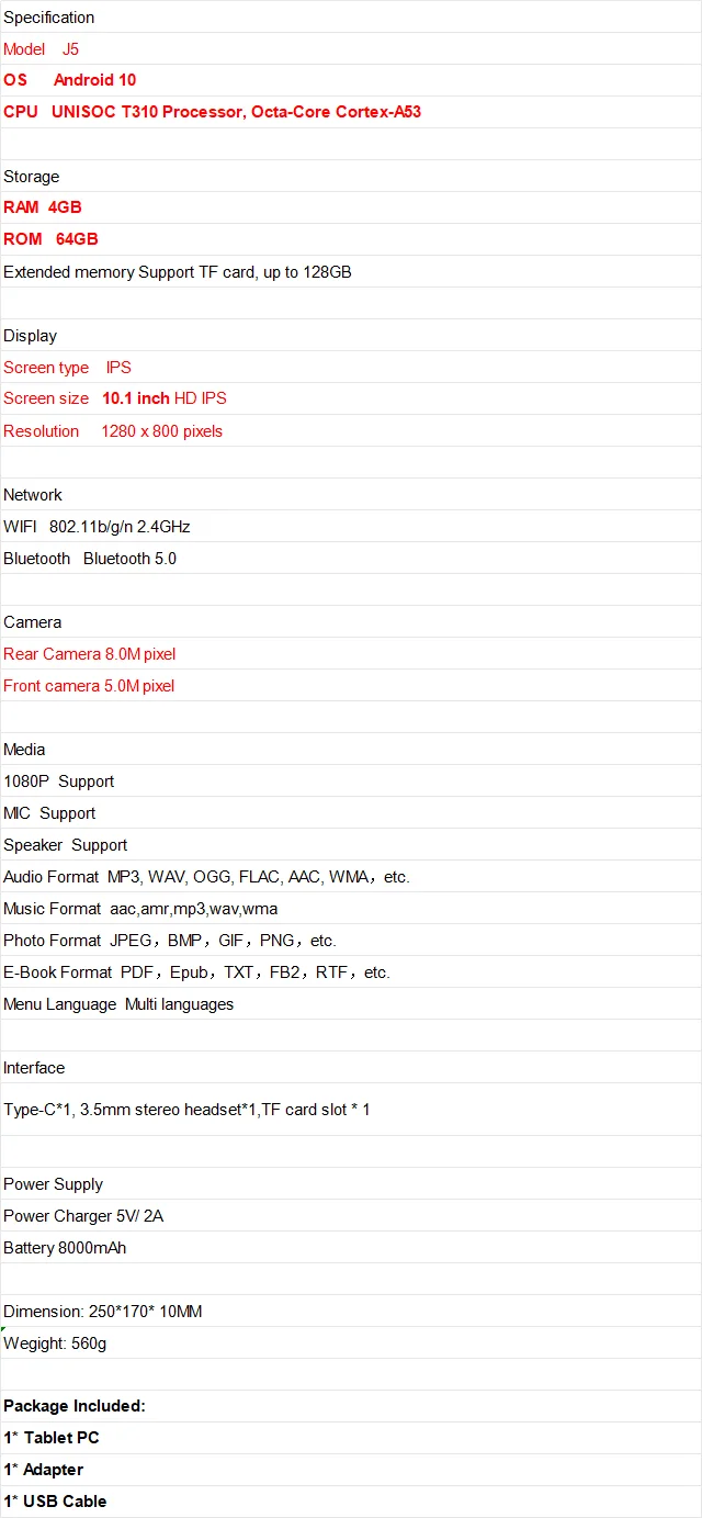 Android 10 Tablet PC 10.1 INCH 4GB RAM 64GB ROM UNISOC T310 Quad-Core Dual Camera 1280 X 800 Pixels 8000mAh Type-C