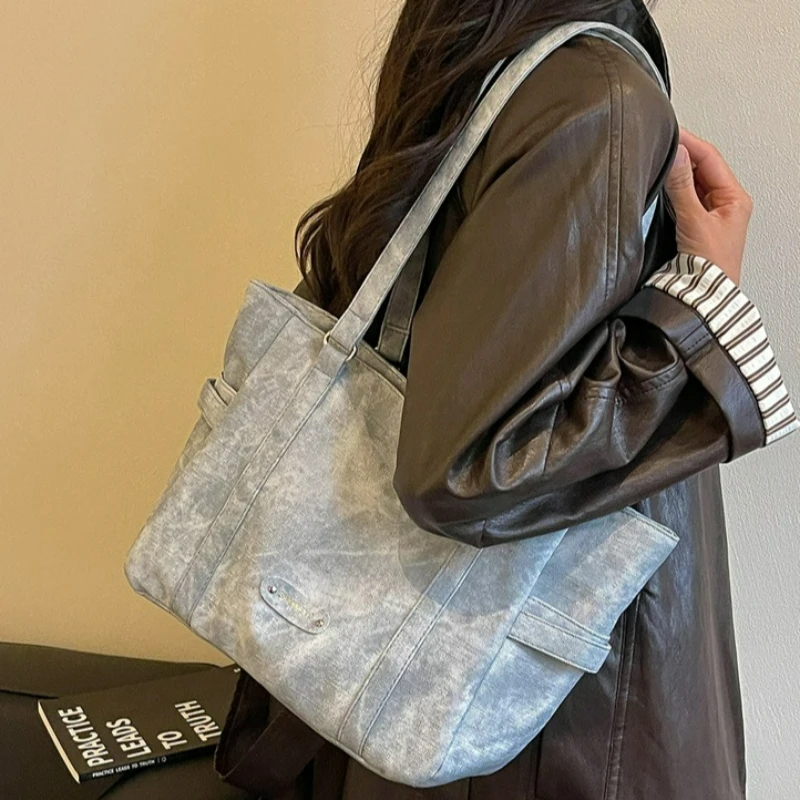 New Large Capacity Striped PU Tote Bag Fashion Retro Tie Dye Shoulder Underarm Bag Versatile Commuter Shopping Women Big Bag