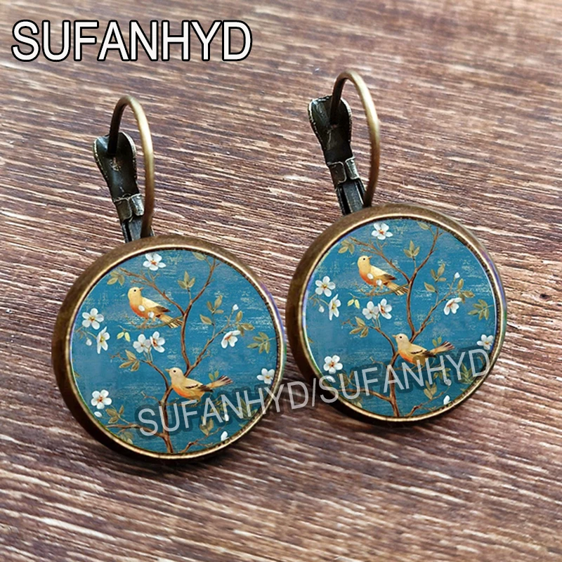 Vintage Van Gogh Painting Stud Earrings Glass Cabochon Art Design Flower and Tree Earring for Girls Fashion Jewelry Gift