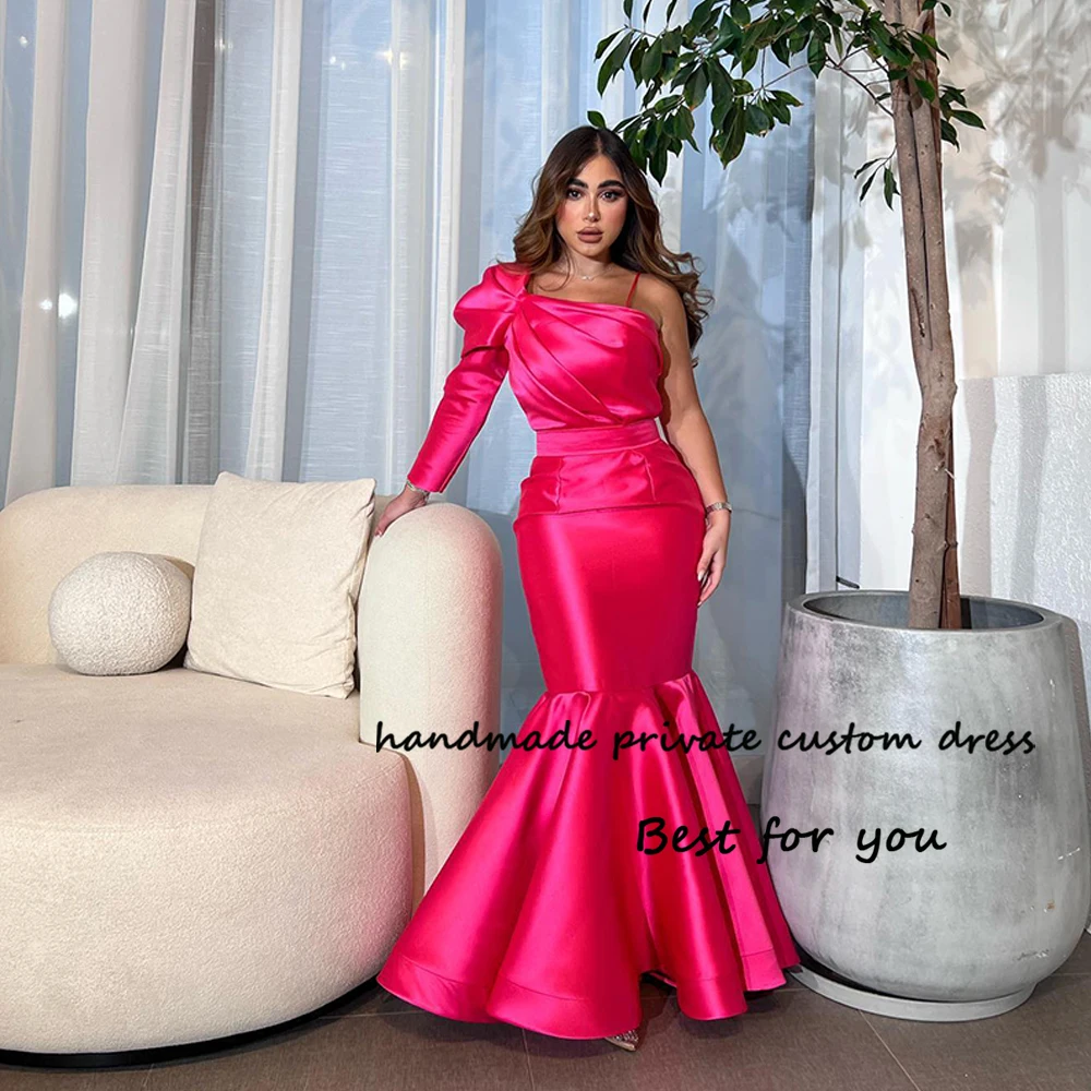 

Fuchsia Satin Mermaid Evening Dresses One Sleeve Arabian Dubai Prom Party Dress Floor Length Formal Evening Gowns