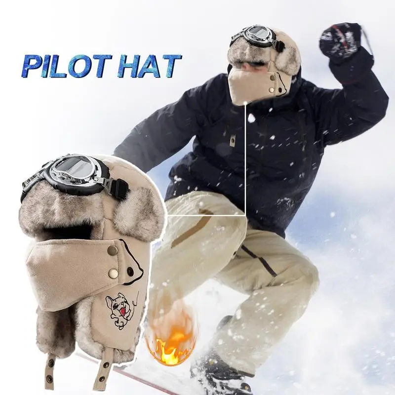 Lei Feng Hat Men\'s Windproof Hunter Hat For Men Winter Warm Trapper Hat With Goggles Earmuffs Face Cover For Cycling Skiing
