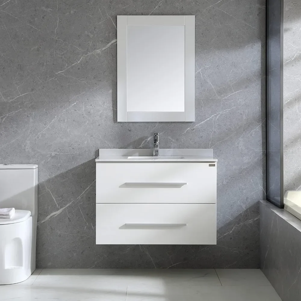 32 Inch Floating Bathroom Vanity with Sink & Drawers, Undermount Sink Faucet Mirror, Modern Wall Mounted Small Bathroom Vanity