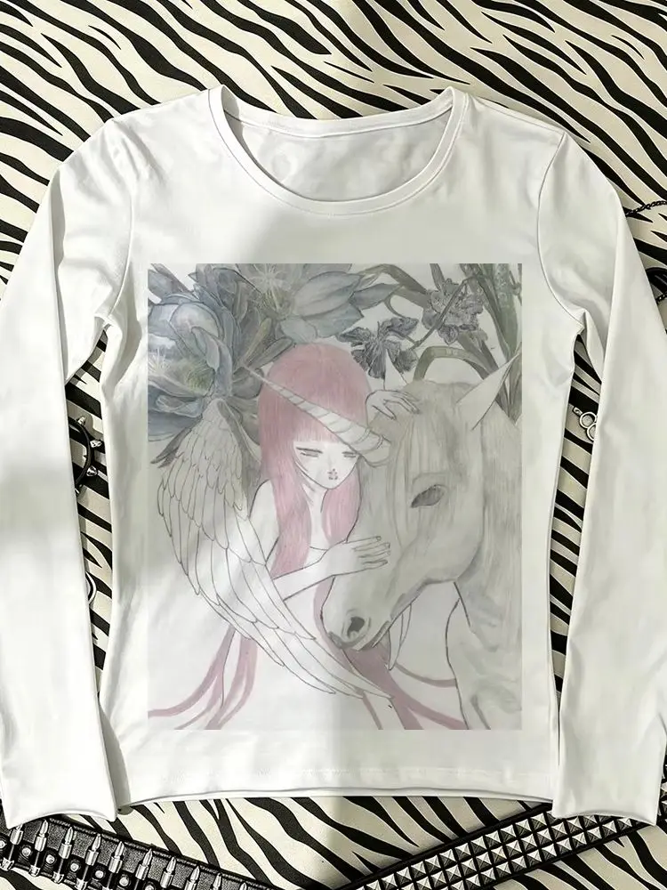 Traumhaftes Engel-Mädchen Einhorn Blumen-Skizzen-Print Damen Langarm-Oberteil Rundhals Slim Fairy Grunge Y2K Harajuku Ästhetisches Figurbetontes T-Shirt – Detail 7
