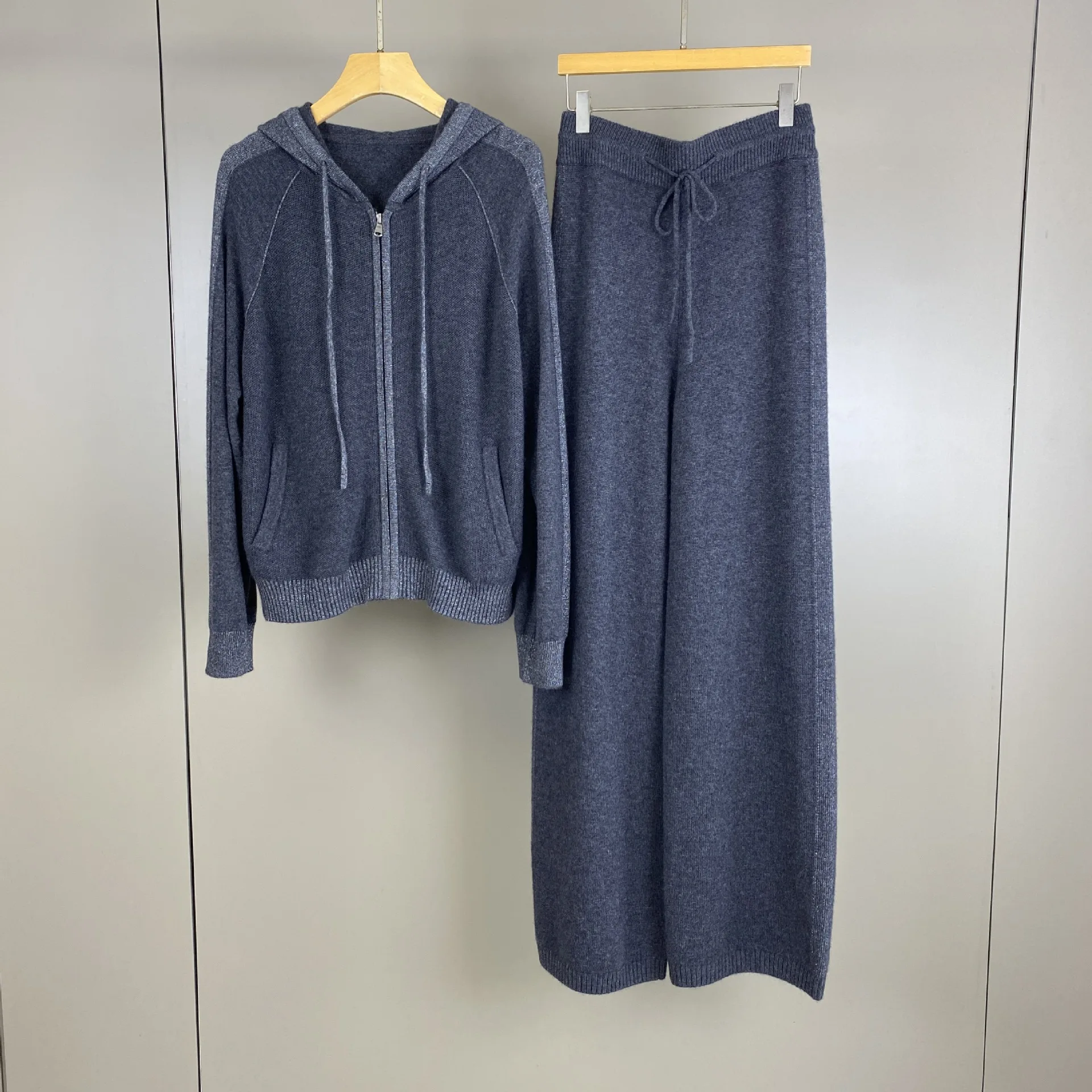2026 Autumn Winter New Cashmere Contrasting Hooded Knitted Cardigan With Elastic Waist Straight Leg Wide leg Pants Set