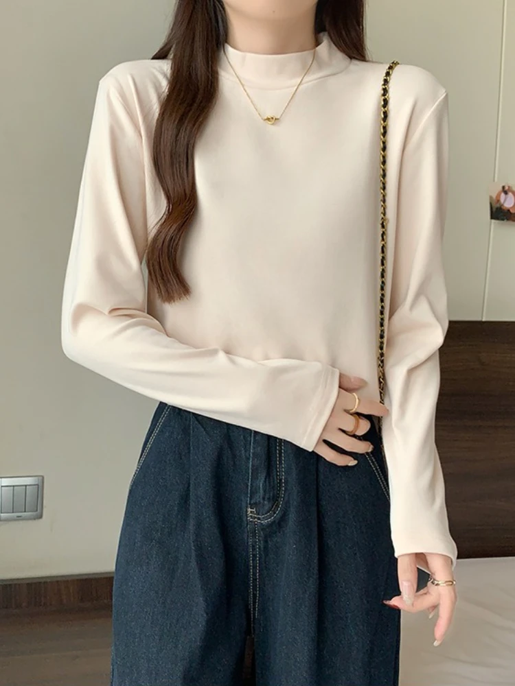 

Женская свободная футболка с высоким воротником и бархатной основой больших размеров, осенне-зимняя внутренняя одежда, футболка большого размера с длинным рукавом, повседневные простые топы