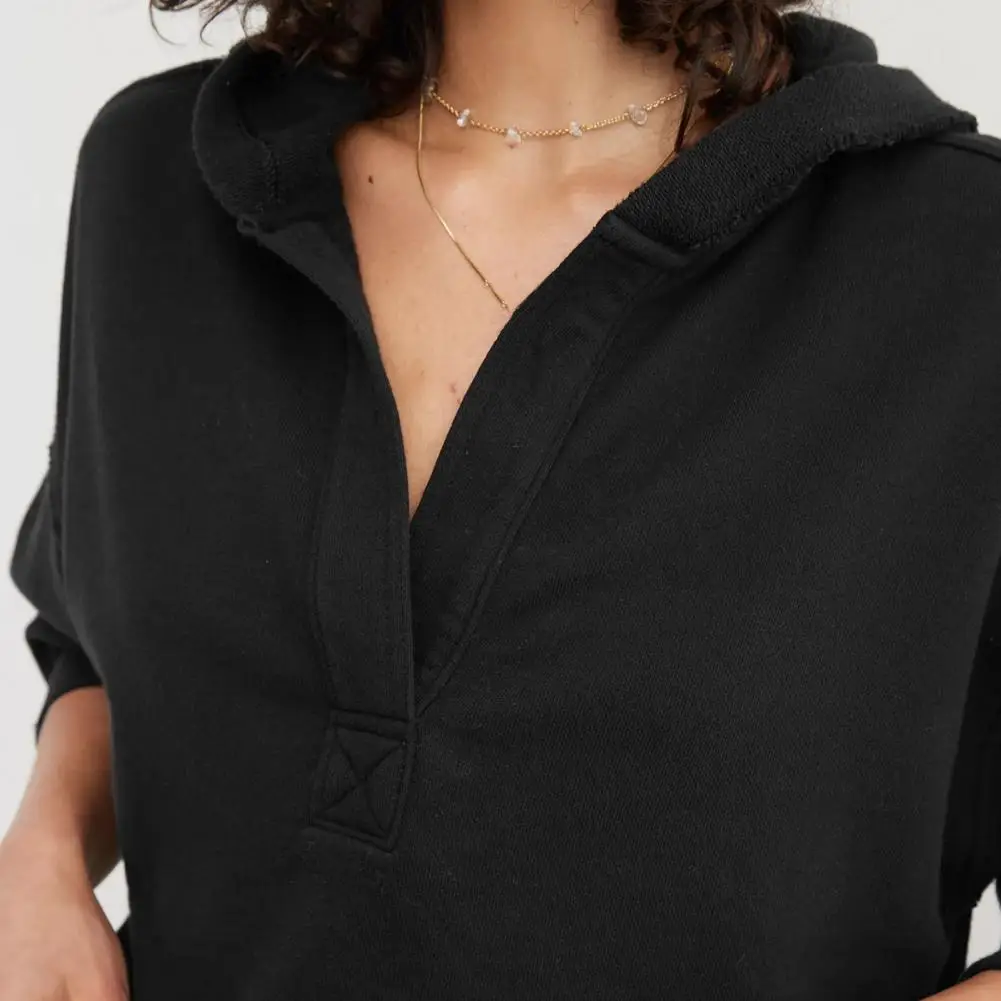 

Autumn Women's Cropped Sweatshirt Loose Long Sleeve V Neck Hoodies Casual Hooded Pullover Crop Workout Sweatshirts Top