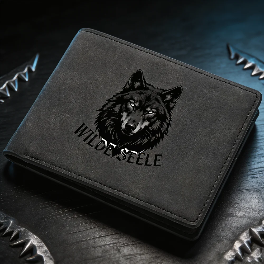 Schlanke Mini-Geldbörse für Herren mit Wolfskopf-Aufdruck, Vintage-Stil, Wildleder-PU-Leder, Bifold-Kreditkartenhalter, tragbare Taschenbörse