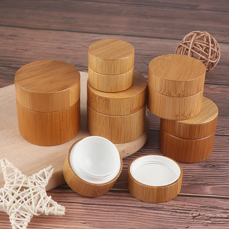 

plastic jars for body butter Bamboo Covered Cream Plastic Jars Cream Box Refillable Container，mini cutecontainerwithplasticinner