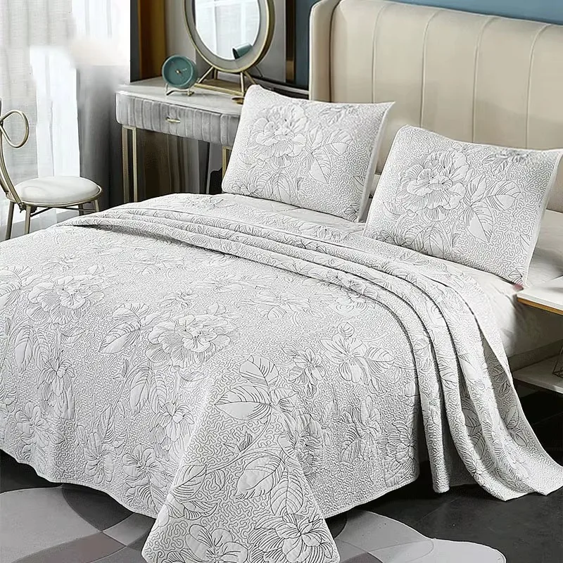 

Embroidered Cotton Quilt Set 3PCS King Queen Bedspread with 2 Pillow Shams Summer Lightweight Double Blanket Breathable Coverlet