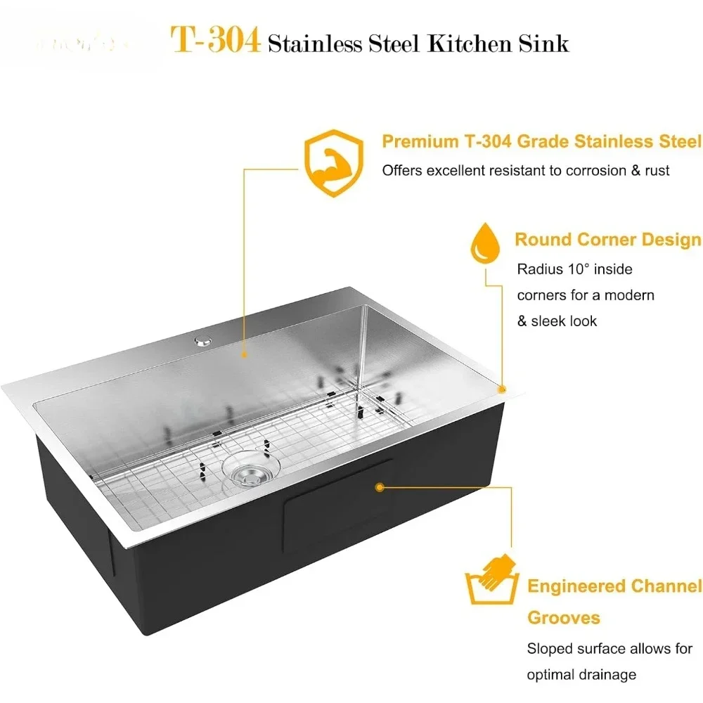 Wastafel dapur Drop-in, dudukan atas, dapur Farmhouse dengan pelindung 18 Gauge, wastafel stasiun kerja