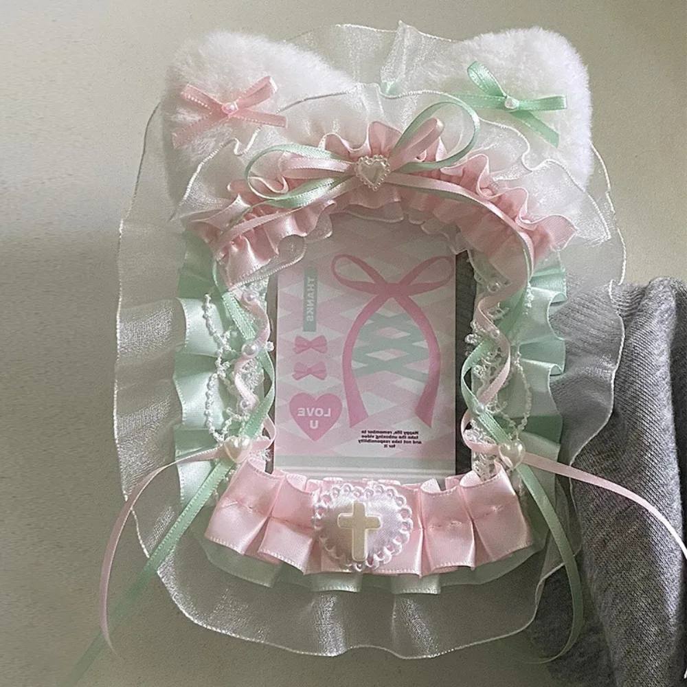 Kawaii DIY حامل بطاقة القطيفة مع الشريط لوليتا الدانتيل Photocard حالة أنيمي اليدوية صور حامي حالة بطاقة