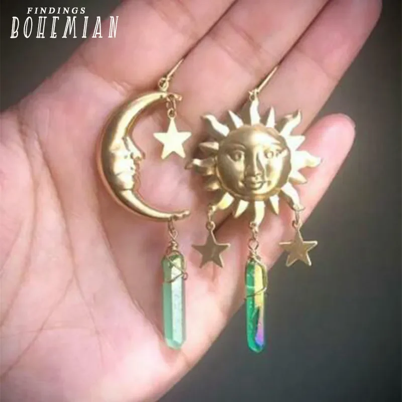 Raw Quartz Crystal Crescent Moon and Sun Pendant Earrings