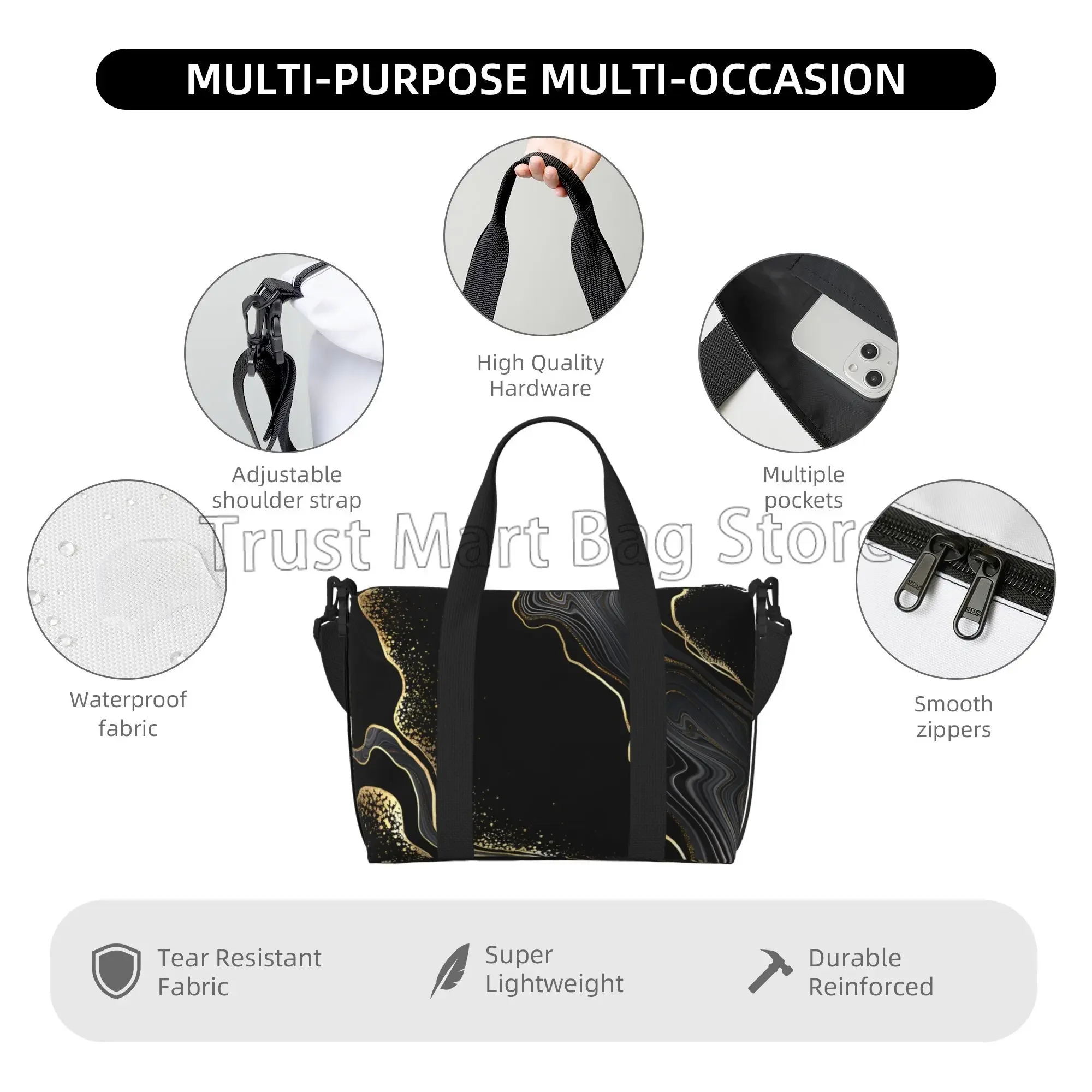 Black Gold Marble Travel Duffel Bags Unisex Large Capacity Luggage Bag Portable Waterproof Tote Bags Weekender Overnight Handbag