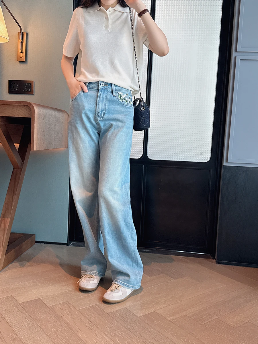 

Miss D Beehive Embroidery Soft Slim Straight Jeans High Waist Spring Fashion Ladies Denim Pants Front Pocket Machine Embroidery