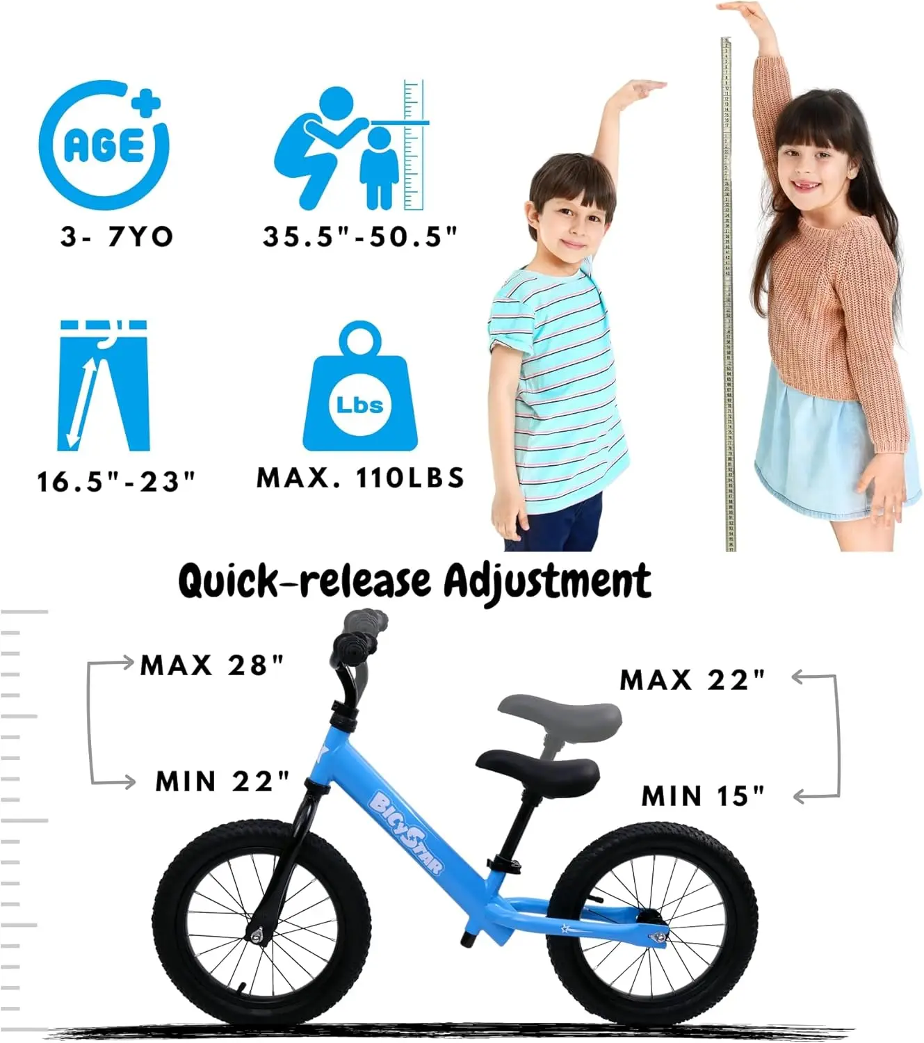 Bici senza pedali da 14 pollici per bambini di 3-7 anni, bici per bambini senza pedali, pneumatici in gomma pneumatica, altezza regolabile, bicicletta per bambini Pedalless