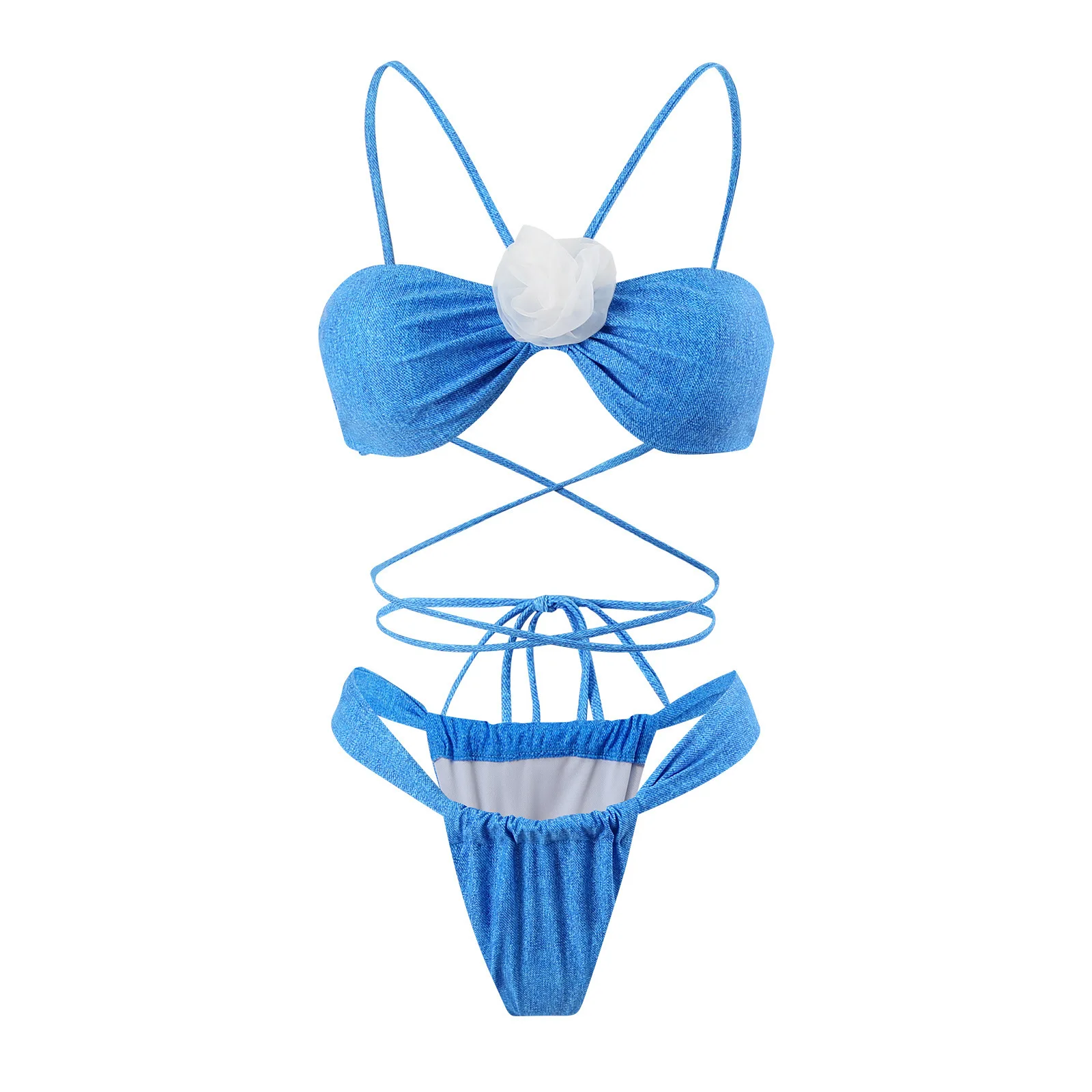 Sexy Thong Micro Bikinis Sets Two Pieces Swimsuit Blue Swimwear Female Brazilian Biquini 3d Flower Beach Wear Bathing Suit Pool