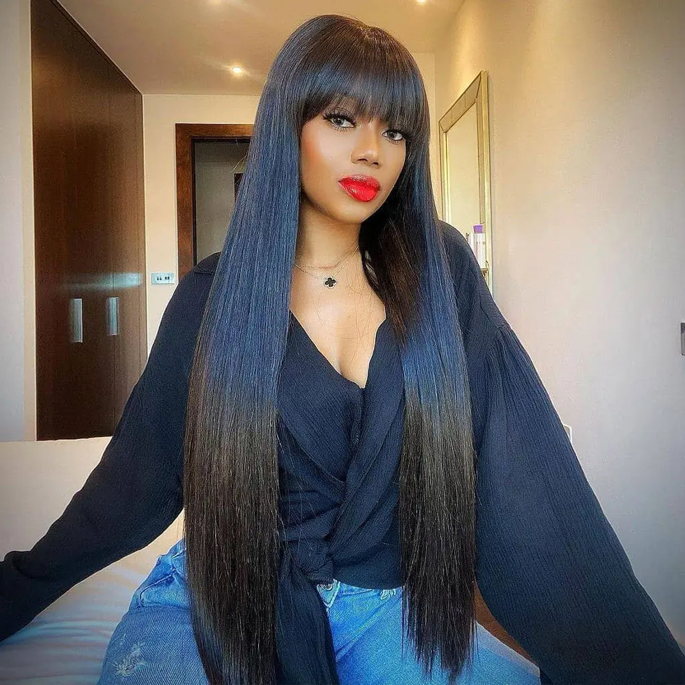 

34 Inches Straight Full Machine Made Wig With Bangs For Black Women Full Bone Straight Cheap Wigs 100% Human Bang Fringe Wig