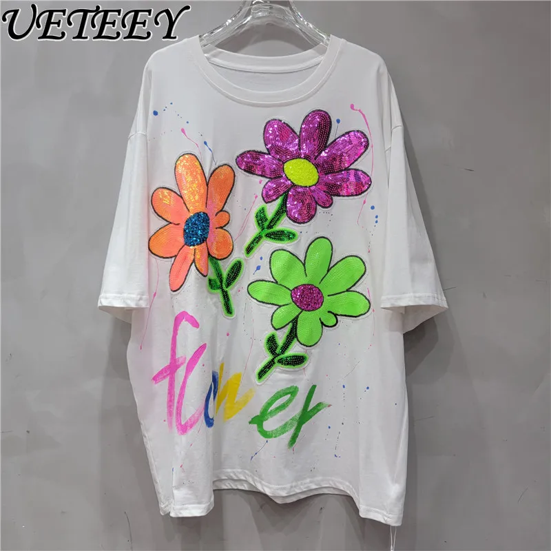 2024 Summer New White Round Neck Heavy Embroidery Sequins Tops Flower Hand Painted Graffiti Loose Short Sleeve T-shirt Female