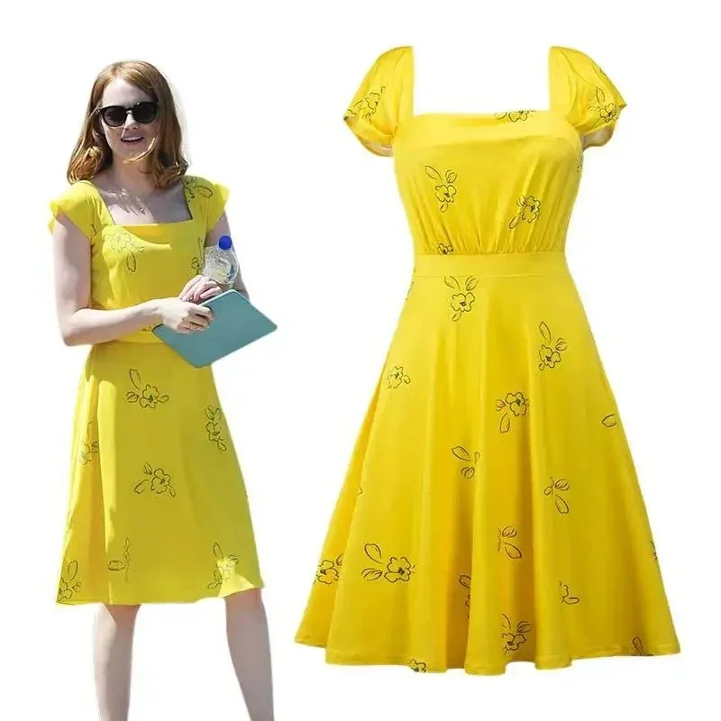 

Movie La La Land Mia Cosplay Costume Halloween Carnival Party Yellow Dress Women's Summer Sleeveless Skirt