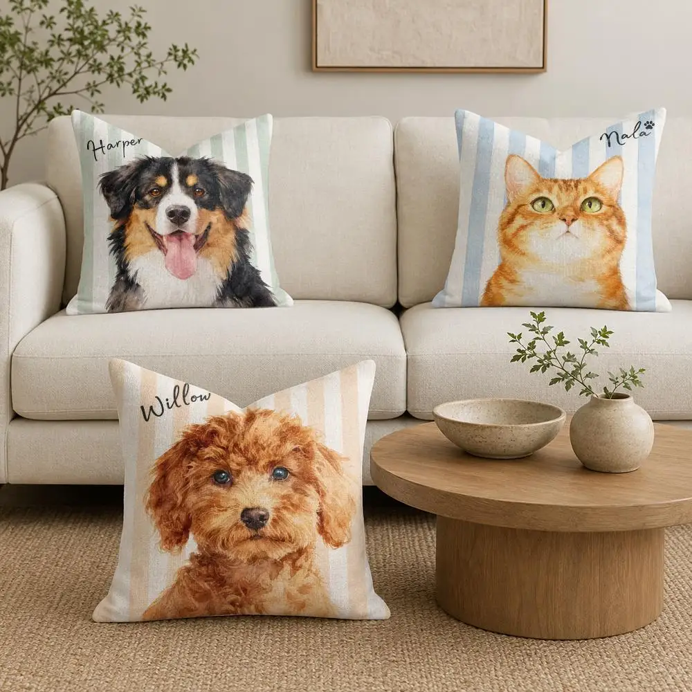 Striped Pet Portraits Cushion Cover Organic Linen Throw Pillow Cover - Double-Sided Print Breathable Cushion Case Home Decor