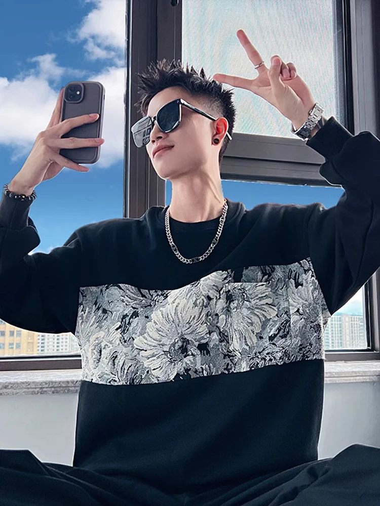 

Men's round Ne Sweatirt Embroidered Casual Inner Wear Top Trendy Splice Design Autumn Winter Polyester Blend Comfortable