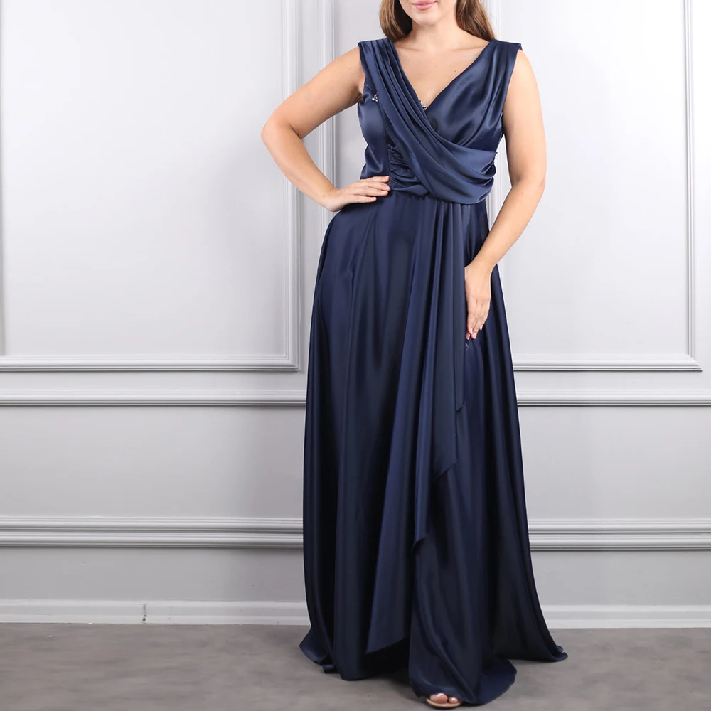 

Customized Fashion Off the Shoulder Satin Evening Dresses Modern V-Neck Sleeveless A-Line Floor Length Special Occasion Gowns