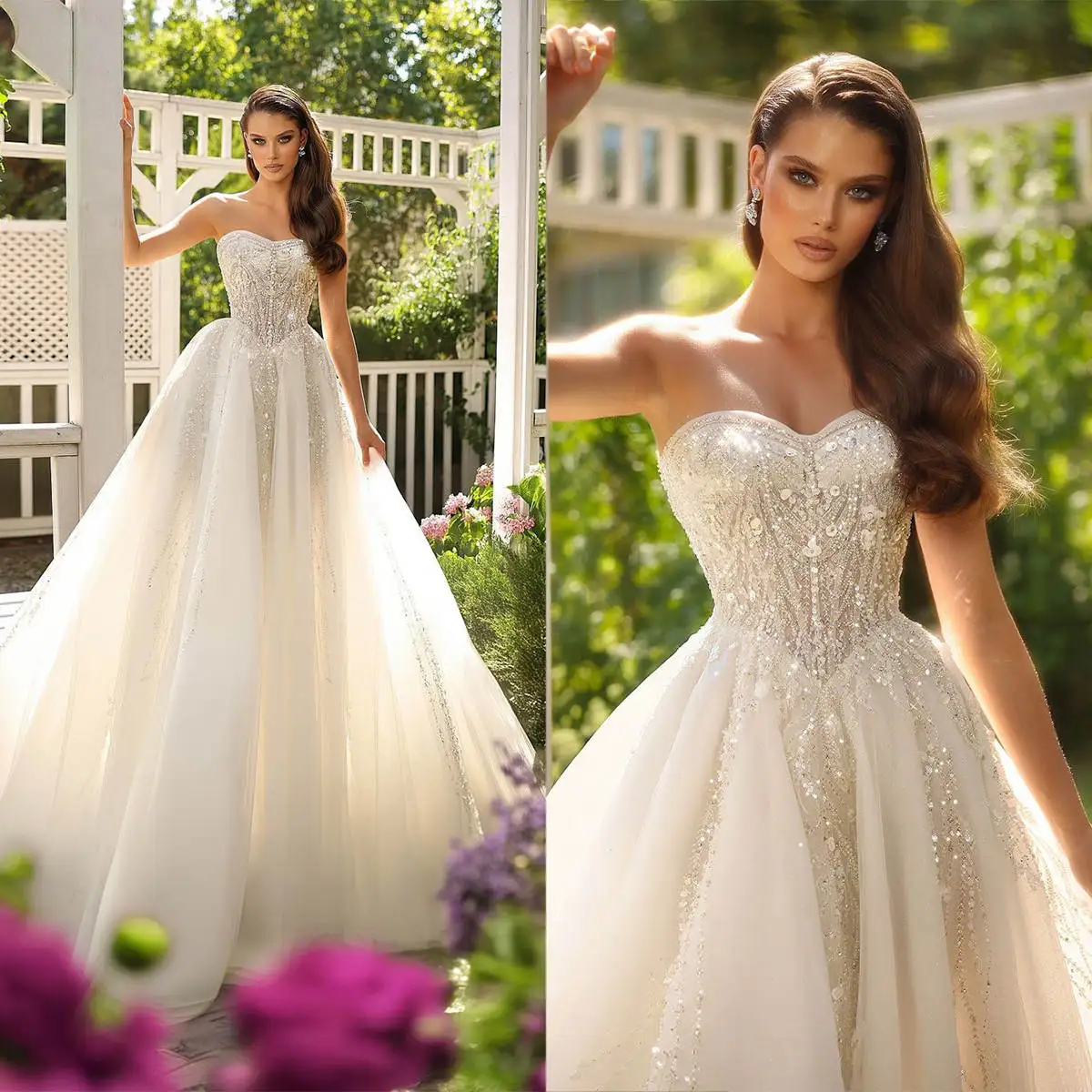 

Elegant A Line Wedding Dress For Women Sweetheart Neck Sleeveless Bridal Gown Sequins Appliques Sweep Train Dresses Custom Made