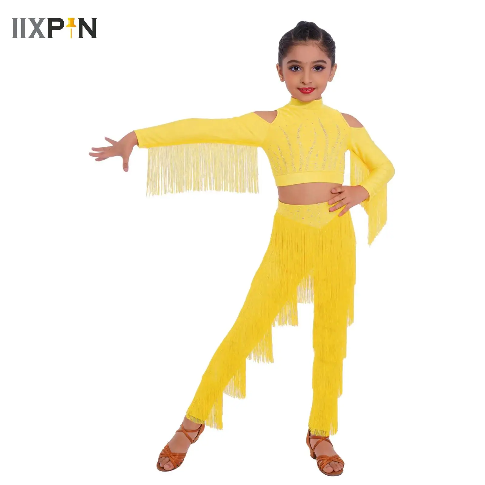 

Girl Latin Dancewear Rhinestones Crop Top with Tiered Tassel Latin Dance Pants Tango Cha-Cha Ballroom Modern Performance Costume