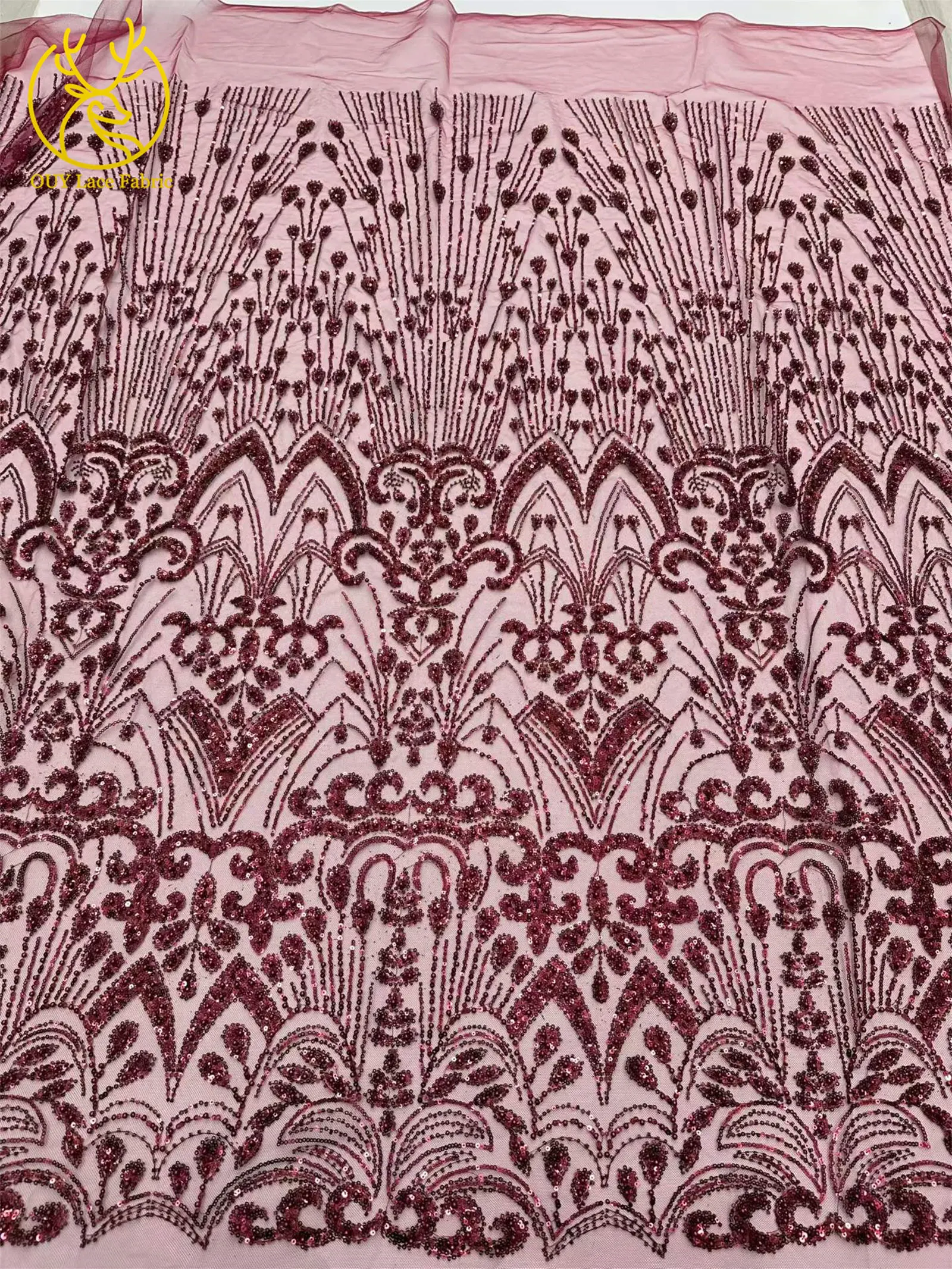 Goldener Luxus-Spitzenstoff mit Perlen und Pailletten, 5 Yards, afrikanischer Spitzenstoff, hochwertiger nigerianischer Netzspitzenstoff für Partykleider und Näharbeiten – Detail 8