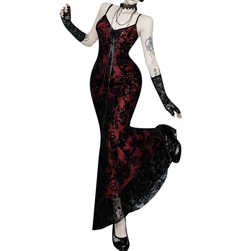 고스 다크 레드 컬러 캐미 프린세스 파티 가운 90년대 E-걸 레이스 스티치 헴 롱 드레스 섹시 백리스 드레스 몰 고딕 테크웨어