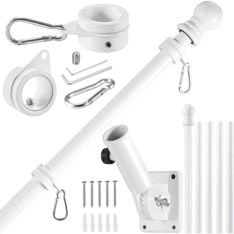 

White Flagpole Kits 6 FT Thickened Stainless Steel House Porch Wall Flag Pole Kit for 3x5' 4x6' Flag with 1 AntiWrap Spinning F
