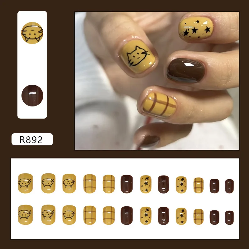

24pcs Short Round Press-On Nails - Vintage Yellow Check & Star Motifs Playful Cartoon Line Art (Multi-Size Fit)